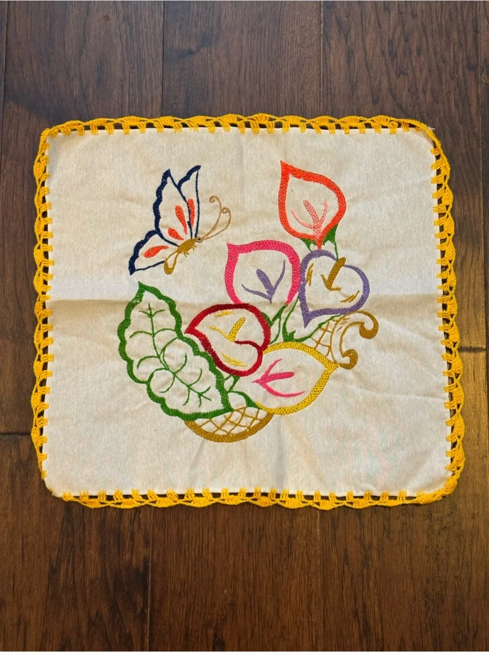 Embroidered Floral & Butterfly tortilla napkin / Doily with Yellow Crochet Edge